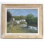 A pair of oils on board, village scenes, gilt framed