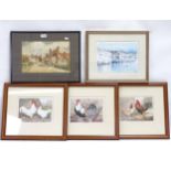 A set of 3 19th century steeplechase prints, a watercolour, English street scene, and several