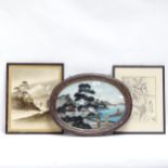 3 Japanese prints, including oval example in lacquer frame (3)