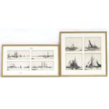 H Foster, 8 various pencil drawings, marine scenes, mounted in 2 frames