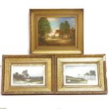 A pair of oils, panoramic view with buildings, indistinctly signed, gilt-framed, 26cm x 15cm, and