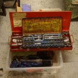 A cased socket sets, tools accessories, pine spindles etc