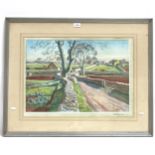 Adrian Allinson, coloured print, Cotswolds crossroads, signed on the mount, 60cm x 44cm, framed