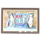 Modernist mixed media on card, Newlyn fishes, unsigned, 32cm x 52cm, framed