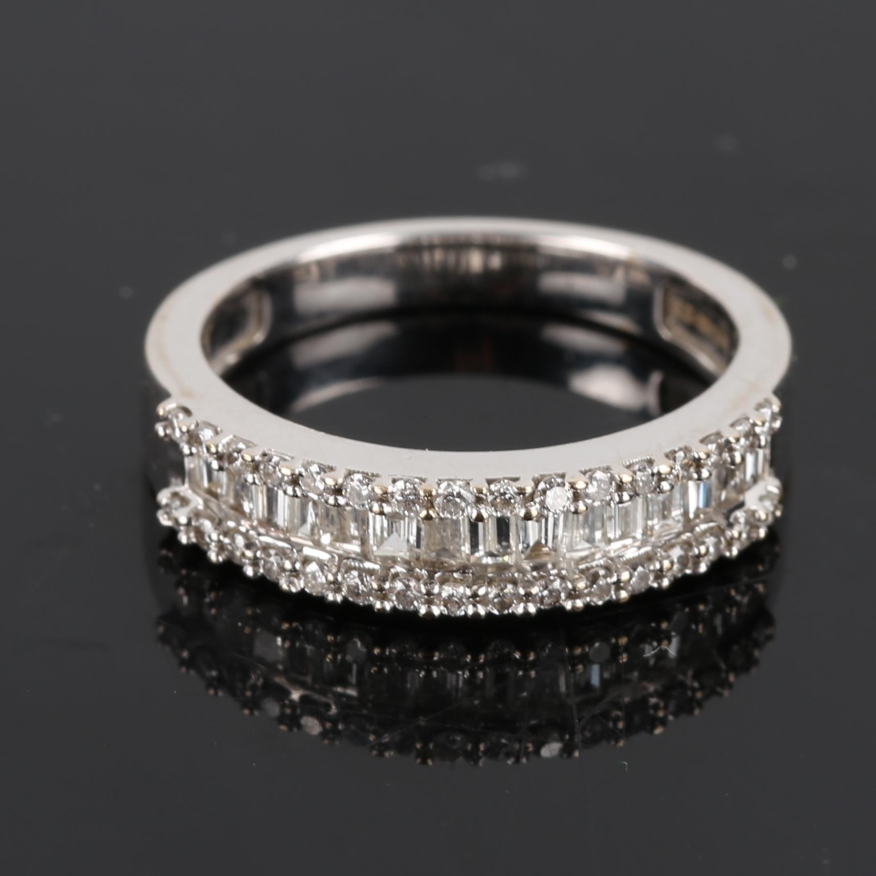 A modern 18ct white gold diamond cluster half hoop band ring, set with baguette and round - Image 3 of 5