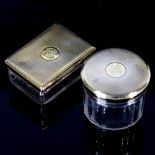 ASPREY - 2 George V silver gilt-topped glass dressing table toilet jars, engine turned decoration,