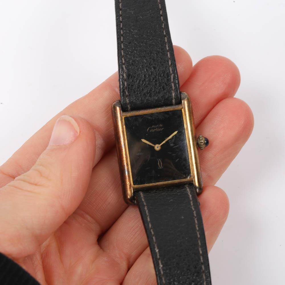 MUST DE CARTIER - a lady's vermeil sterling silver Tank quartz wristwatch, black spider web dial - Image 5 of 5