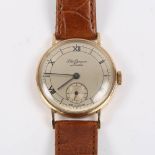 J W BENSON - a Vintage 9ct gold cased mechanical wristwatch, ref. 12383, gilded dial with eighthly