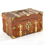 A Victorian brass-bound velvet-covered casket, with brass carrying handle, 21cm x 13.5cm x 12cm