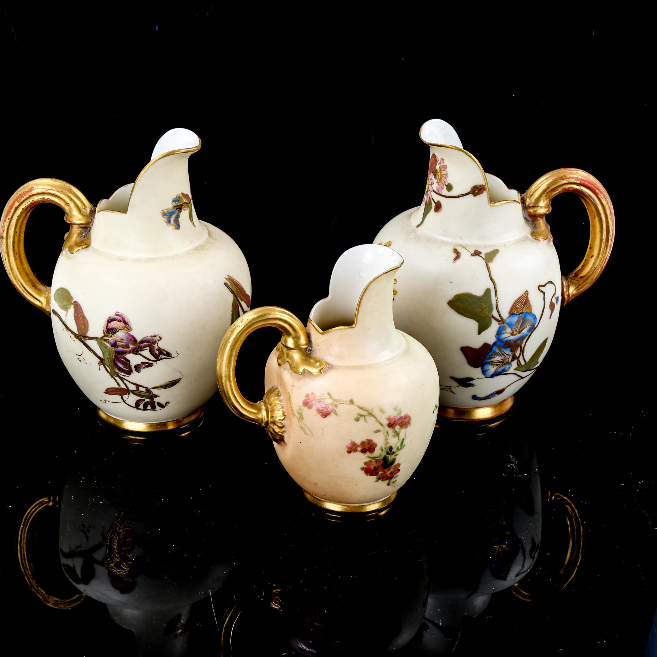 3 Royal Worcester flat-back jugs, with hand painted and gilded decoration - Image 2 of 3