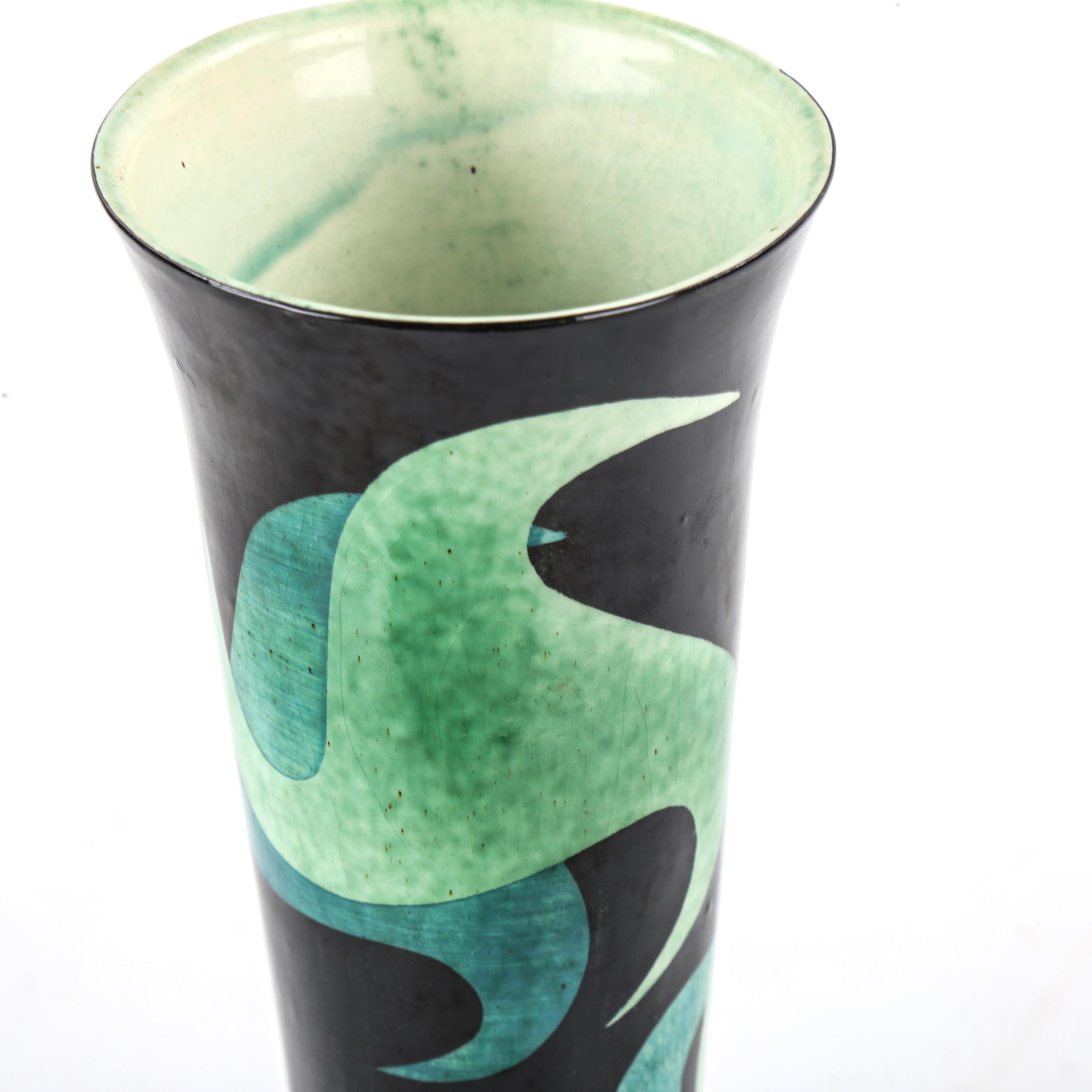 Jane Cox, Studio pottery vase of tapered form, green stylised decoration, signed under base, - Image 3 of 3
