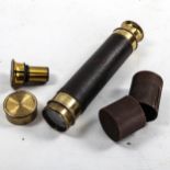 A small leather-bound brass 3-draw pocket telescope, lens diameter 2.5cm, length opened 42cm, with