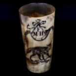 A 19th century horn beaker with engraved fox and monogram, height 13cm