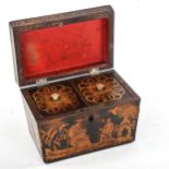 A small Regency penwork decorated tea caddy, with Oriental scenes and inner lids, length 16cm