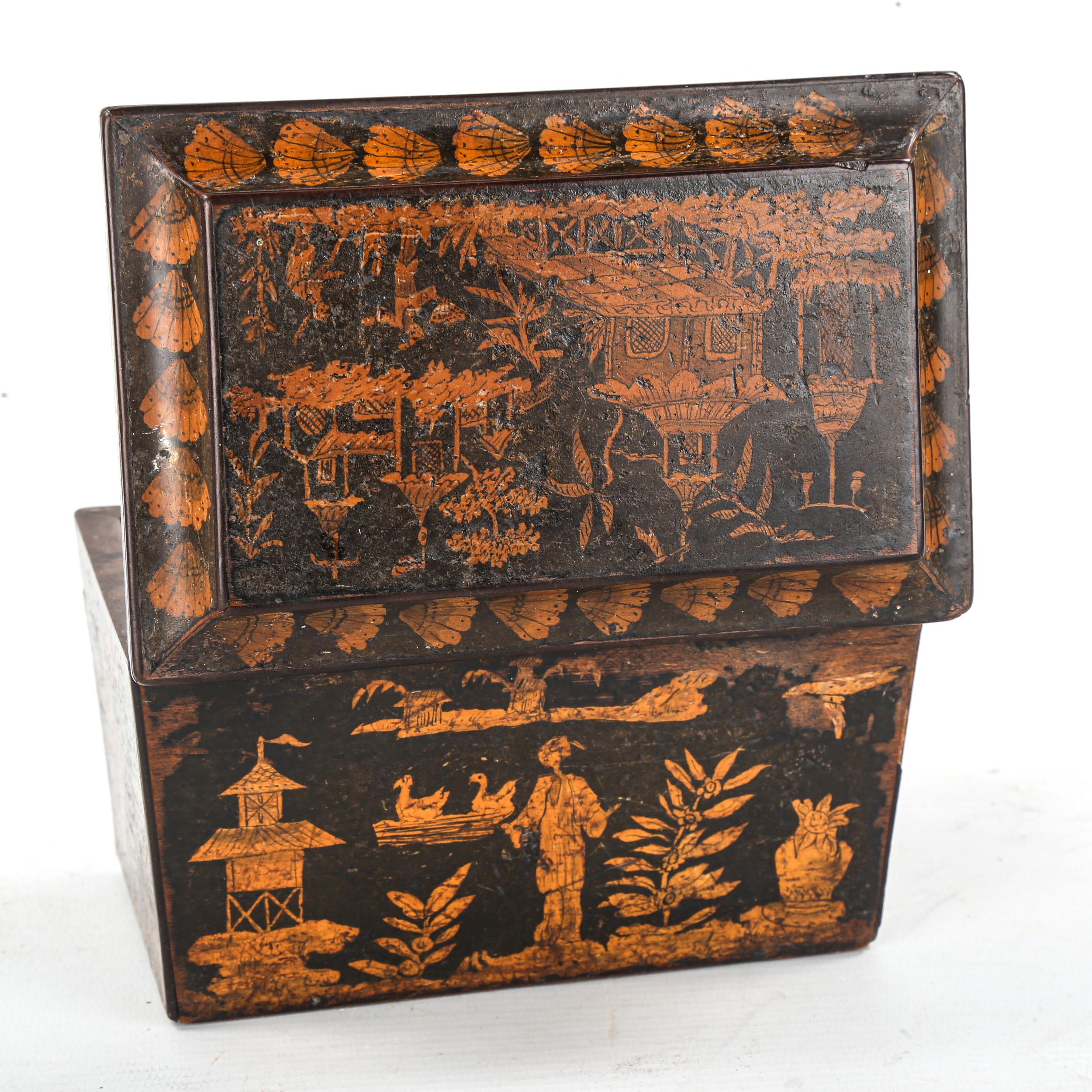 A small Regency penwork decorated tea caddy, with Oriental scenes and inner lids, length 16cm - Image 3 of 3