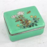 A Japanese green enamel rectangular pot and cover, with cloisonne enamel decorated lid, 11cm x 8.5cm