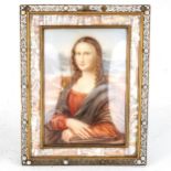 An early 20th century painted portrait on ivorine after Leonardo, The Mona Lisa, in ornate brass