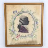 An early 20th century painting on silk, portrait of a Regency figure, 31cm x 27cm