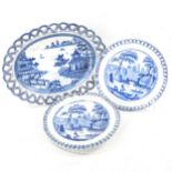 Early English Pearlware lattice-edged oval dish, decorated with Oriental scene, length 27cm,