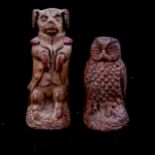 A 19th century terracotta whistle, in the form of a Pug dog, height 5.5cm, and a terracotta owl
