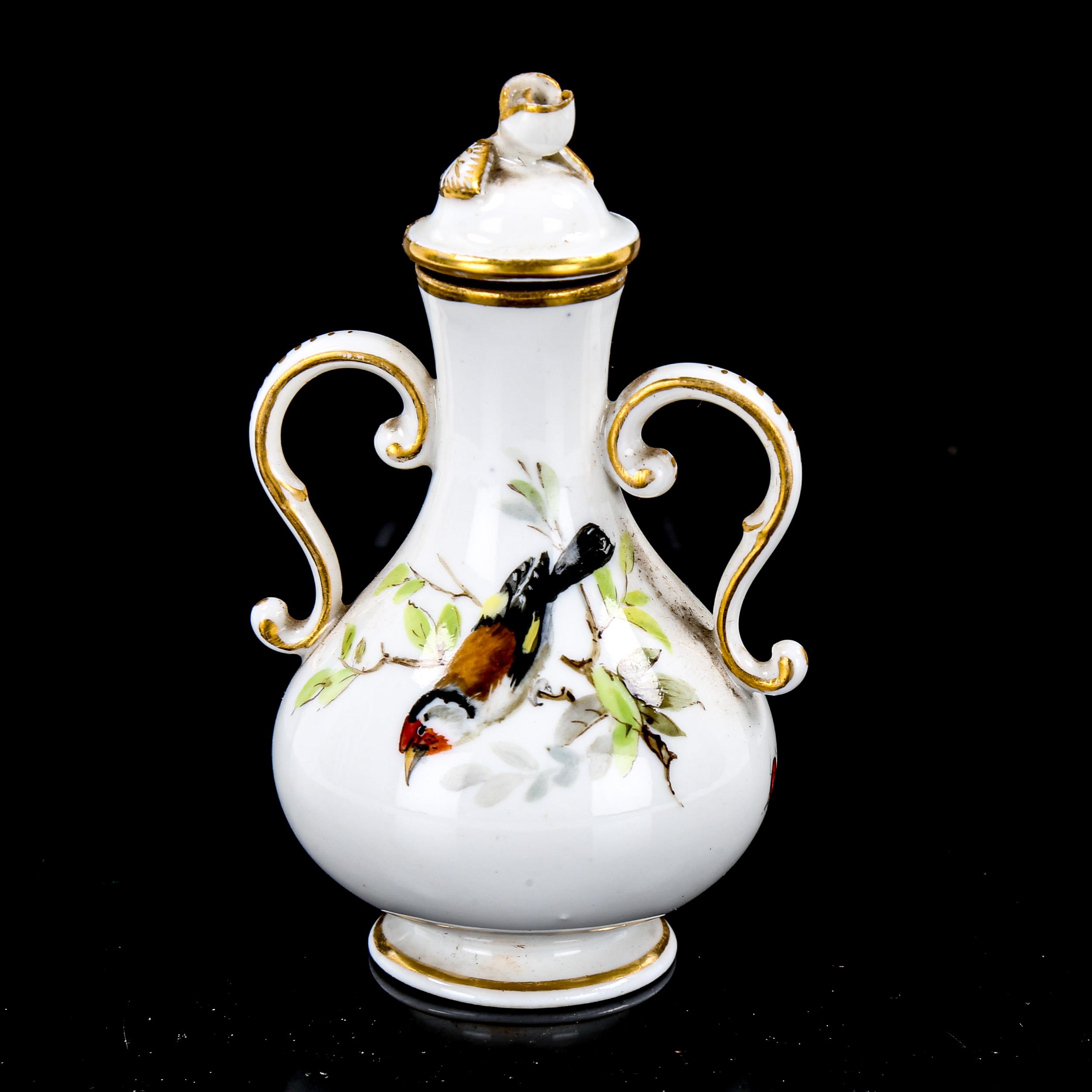 A small German porcelain 2-handled flask and cover, with hand painted garden birds, crossed swords - Image 2 of 3