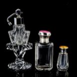 2 silver and enamel-topped toilet jars, and an Art Deco cut-glass atomiser perfume bottle with