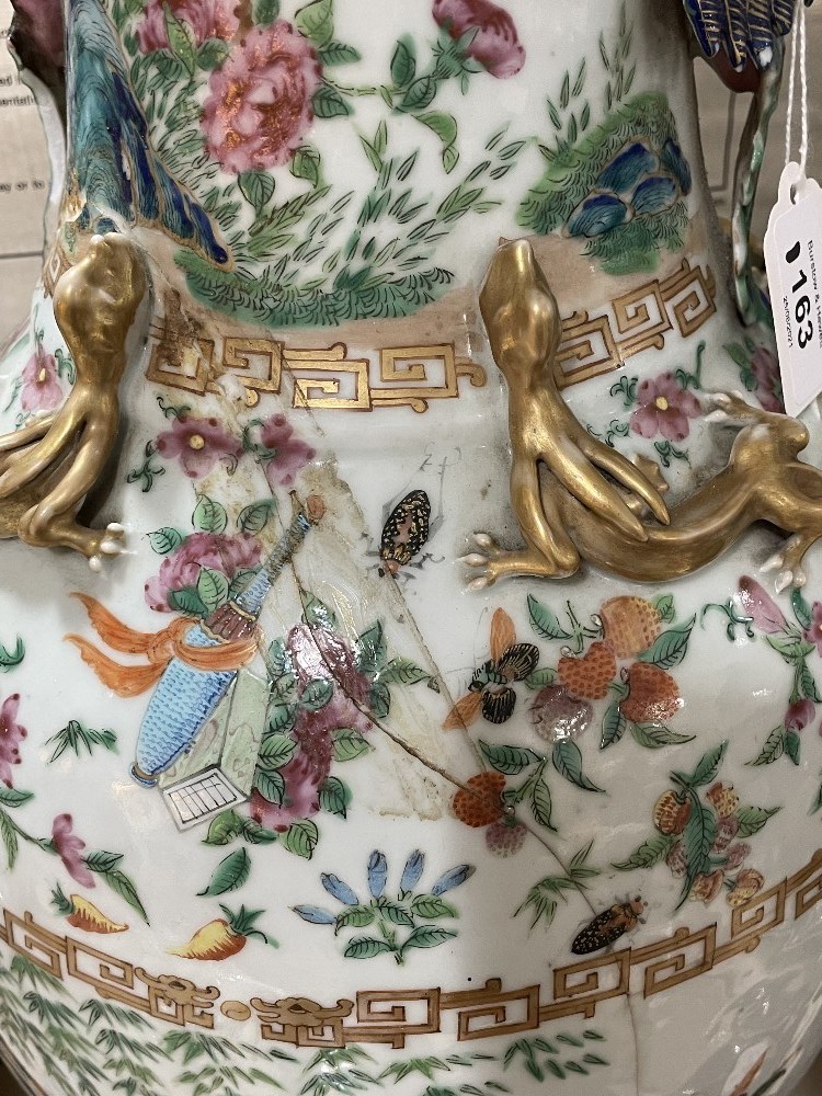 A pair of Chinese 19th century famille rose porcelain vases, with dragon and bird figures to the - Image 10 of 19