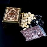 A mixed group of collectables, including hardstone inlaid box, length 9cm, beads etc