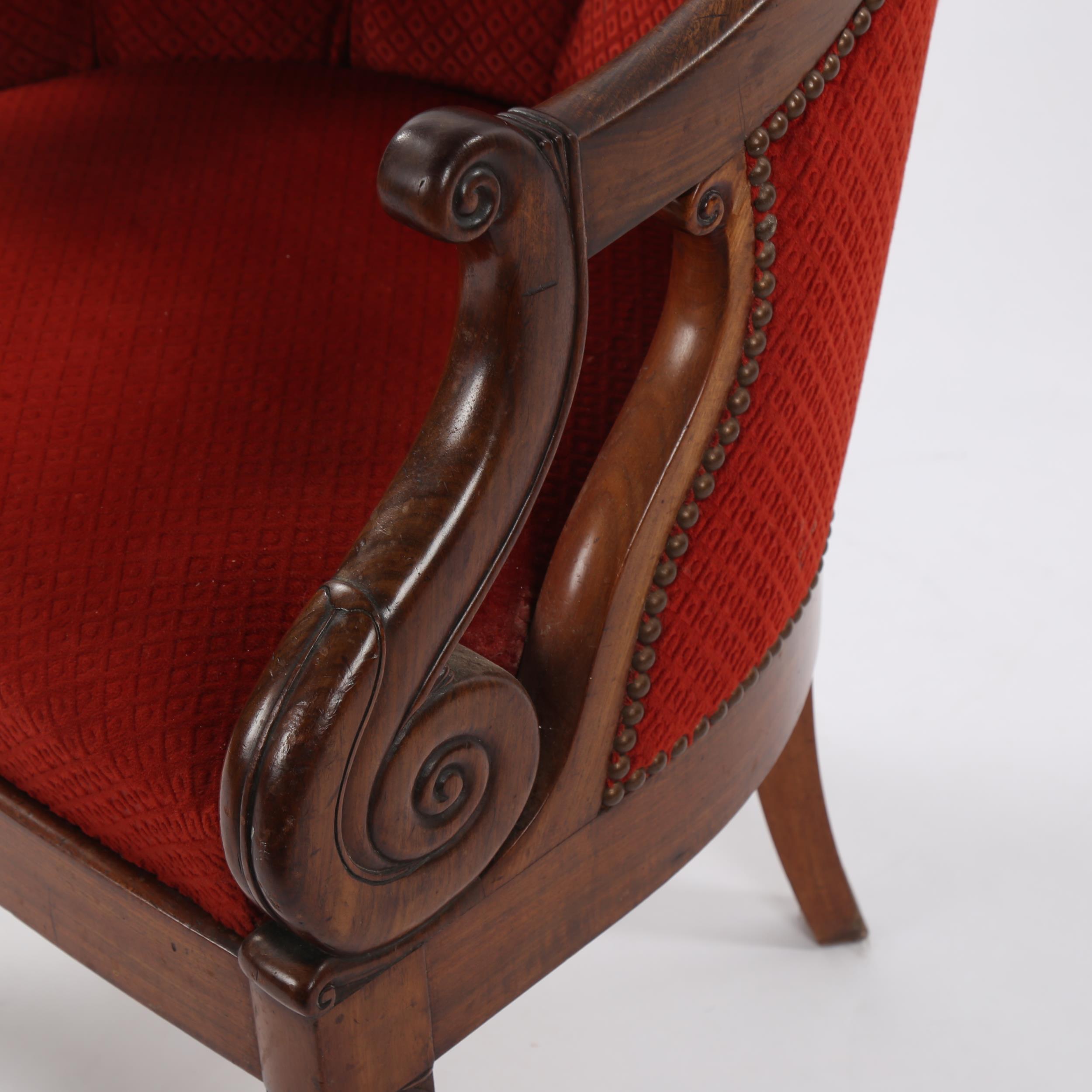 An early 19th century carved walnut-framed library tub chair of small size, with scroll carved arms - Image 2 of 3