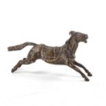 A Russian patinated bronze galloping horse in harness, unsigned, late 19th/early 20th century,