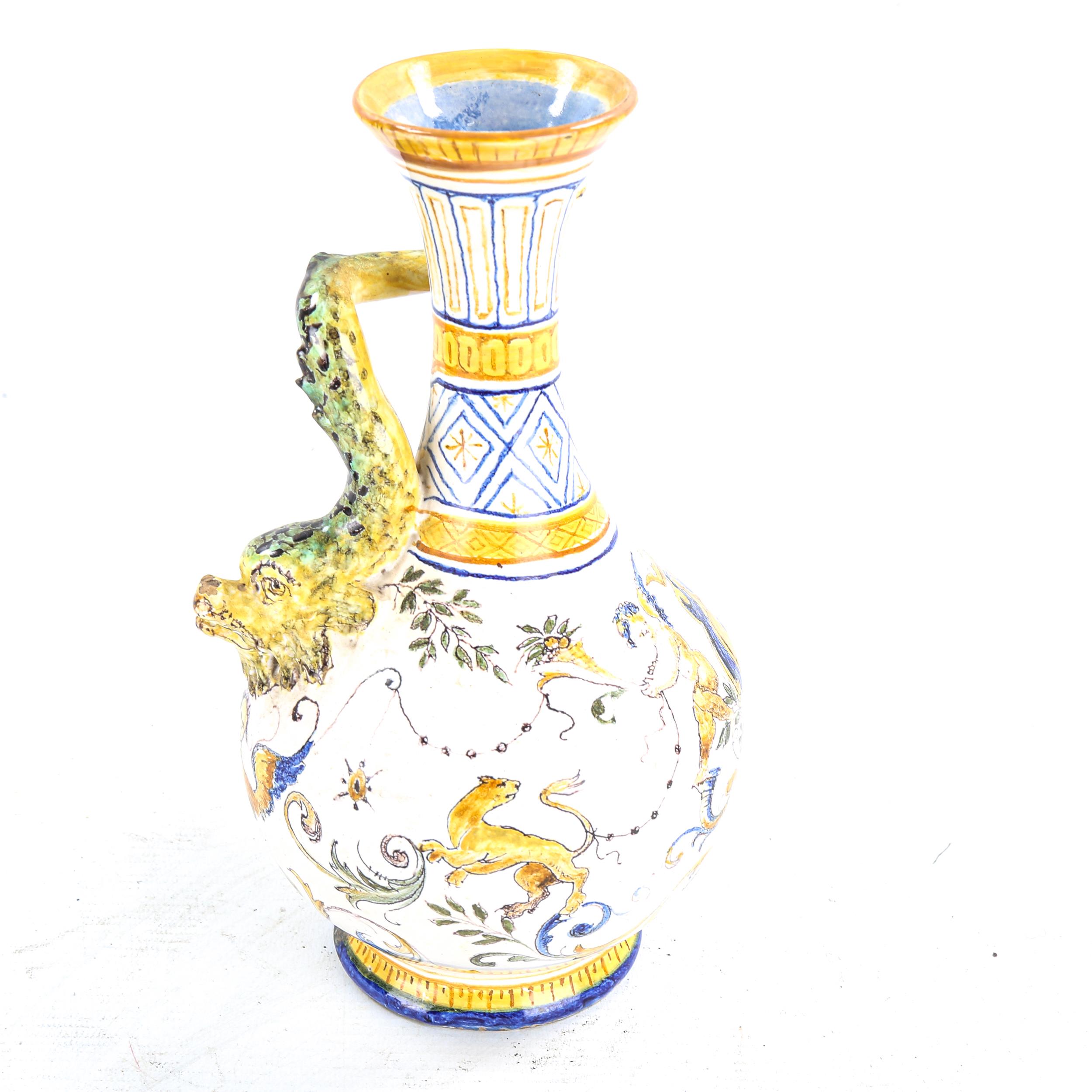 Cantigalli, Italian pottery vase, with gurgle fish handle and painted decoration, height 23cm - Image 2 of 3