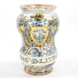 Antique Italian tin-glazed pottery Albarella jar, hand painted decoration and text, height 16cm