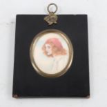 19th century miniature watercolour on ivory, portrait of woman wearing a red hat, original lacquer