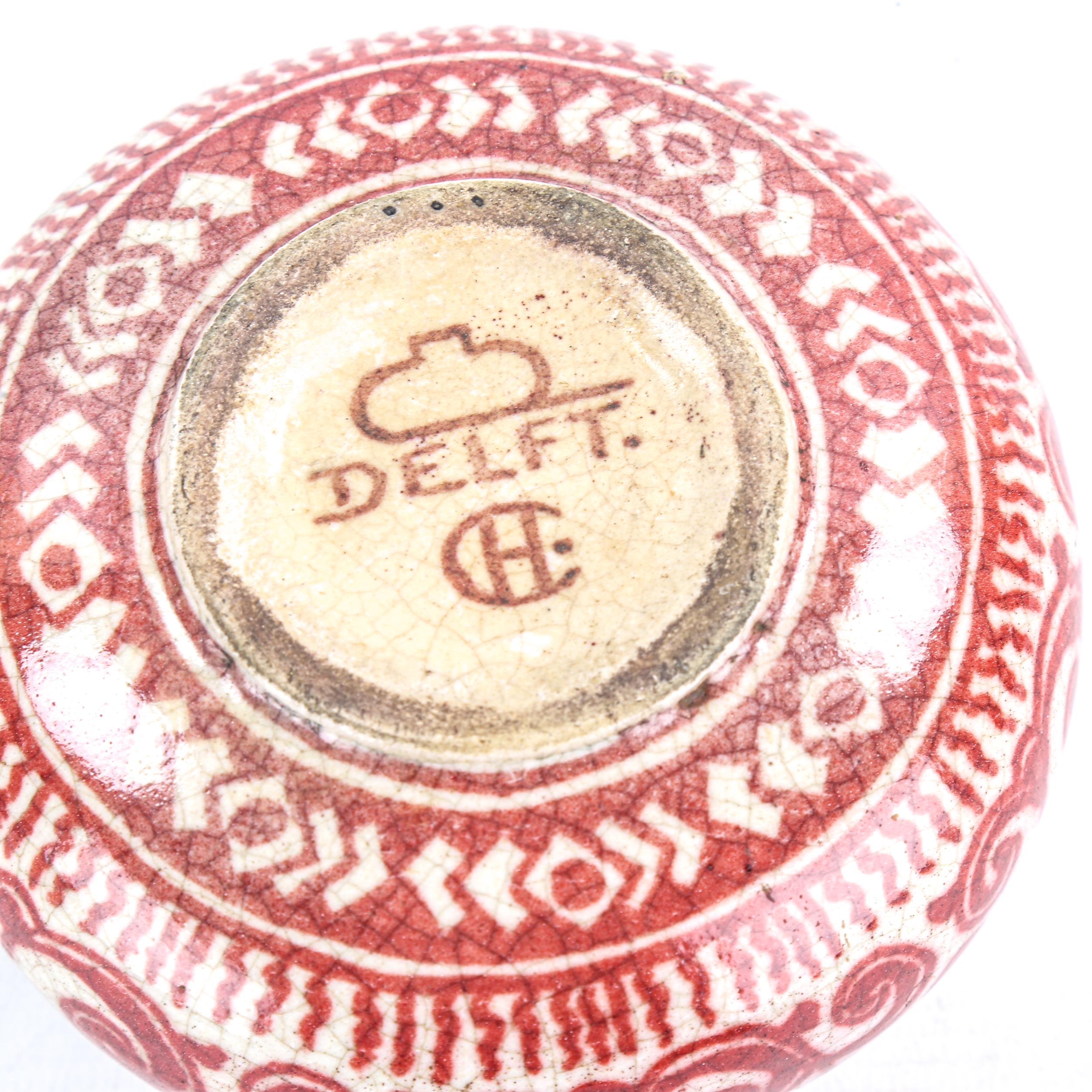A Delft Pottery vase, with hand painted iron red design, signed with monogram, diameter 12cm - Image 3 of 3