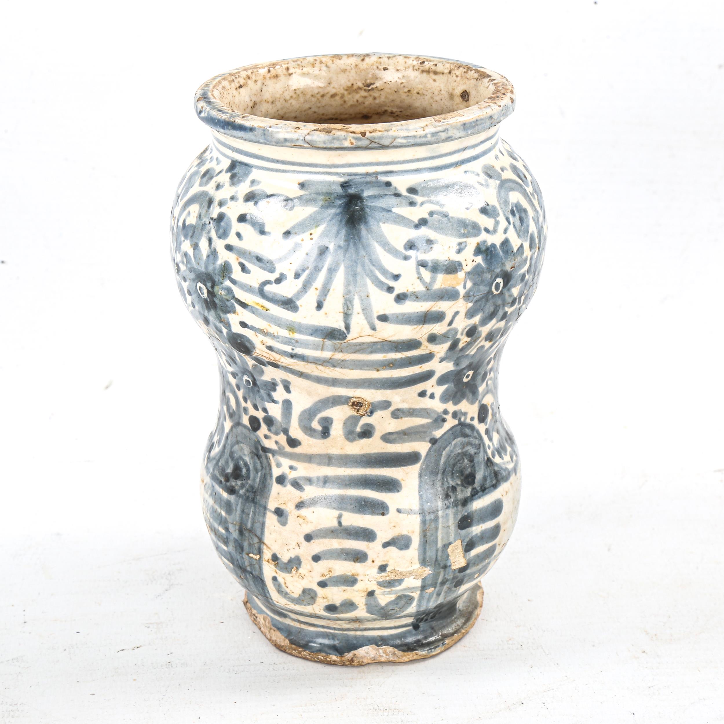 Antique Italian tin-glazed pottery Albarella jar, hand painted decoration and text, height 16cm - Image 2 of 3