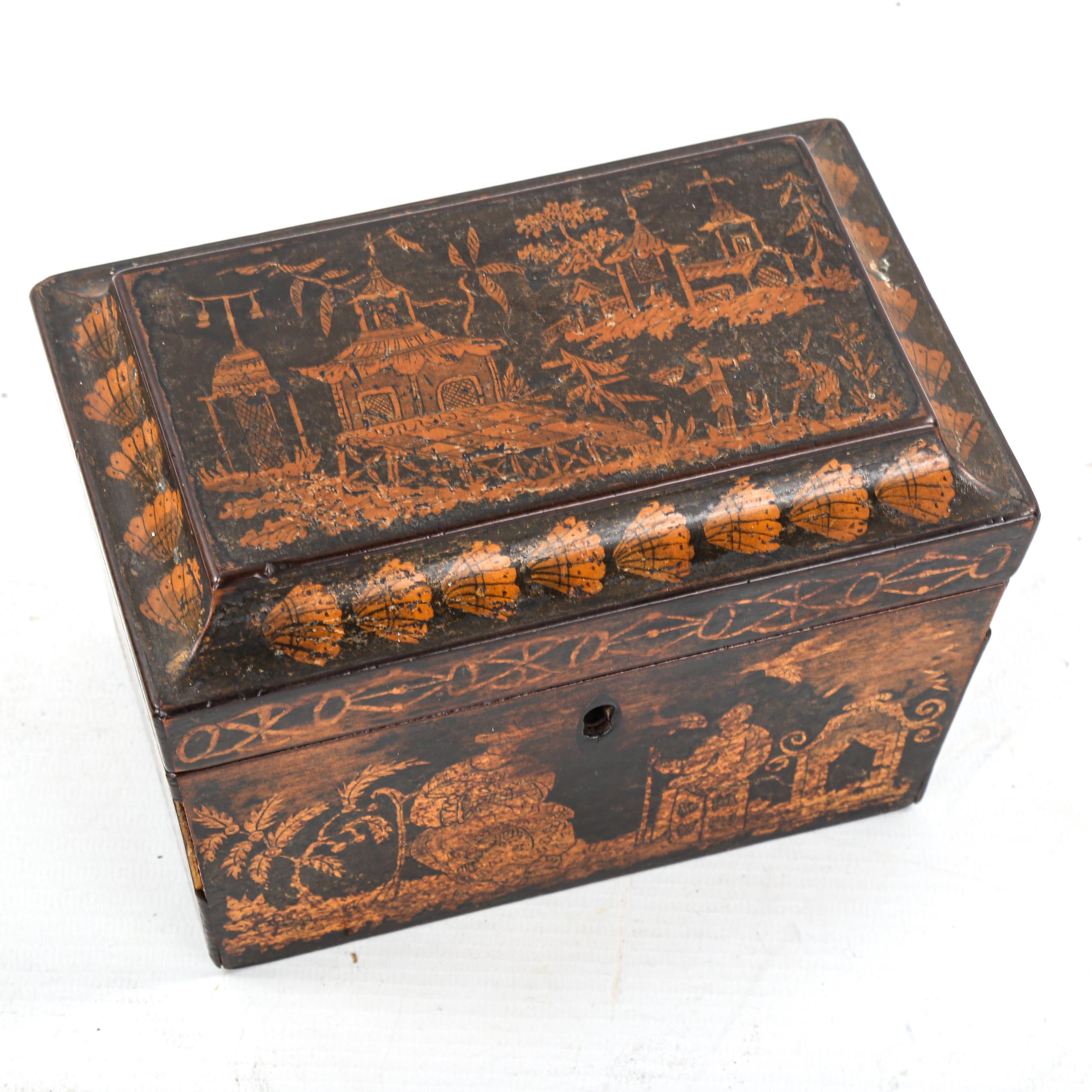 A small Regency penwork decorated tea caddy, with Oriental scenes and inner lids, length 16cm - Image 2 of 3