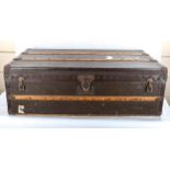 LOUIS VUITTON - vintage wood and leather-bound travelling trunk, LV monogram allover with metal