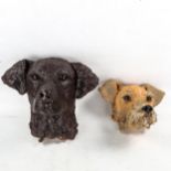 2 hand sculpted clay wall-mounted dog's heads, largest height 25cm