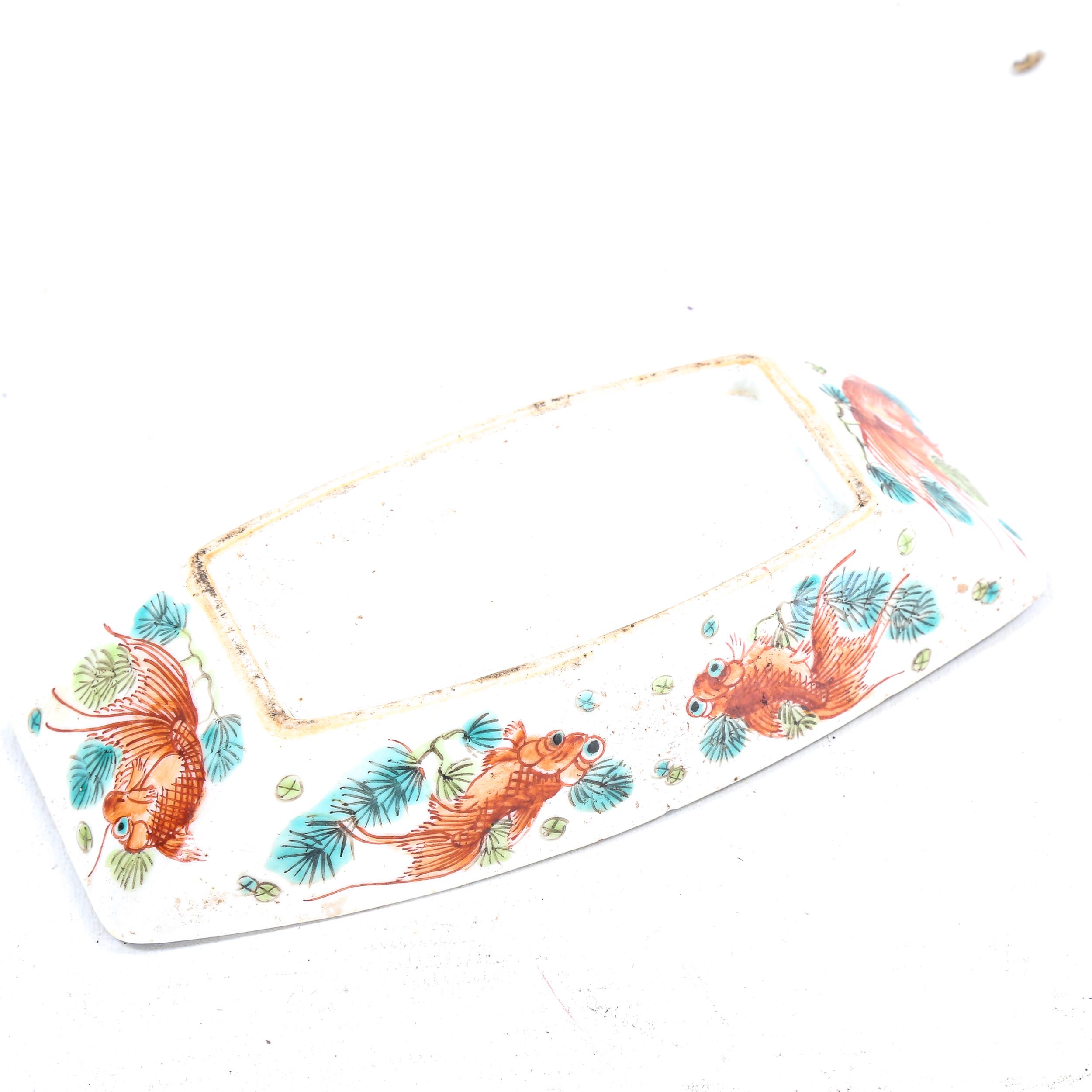 A Chinese famille rose porcelain saucer of rectangular form, hand painted decoration with Koi Carp - Image 2 of 3