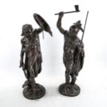 A pair of 19th century bronze patinated spelter figures of Native warriors, height 63cm