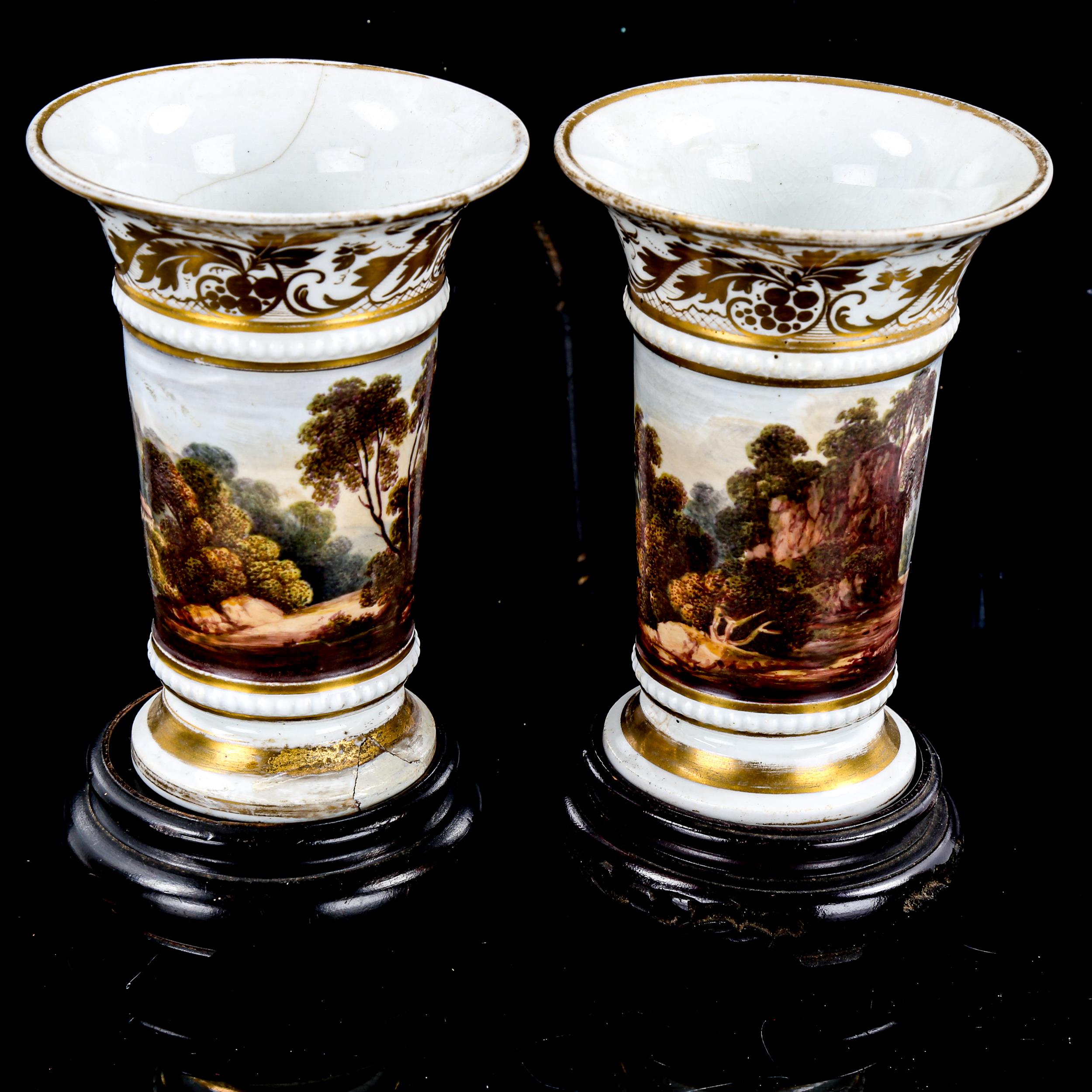 A pair of 19th century Crown Derby vases, with hand painted panoramic friezes, height 11cm, on - Image 2 of 3
