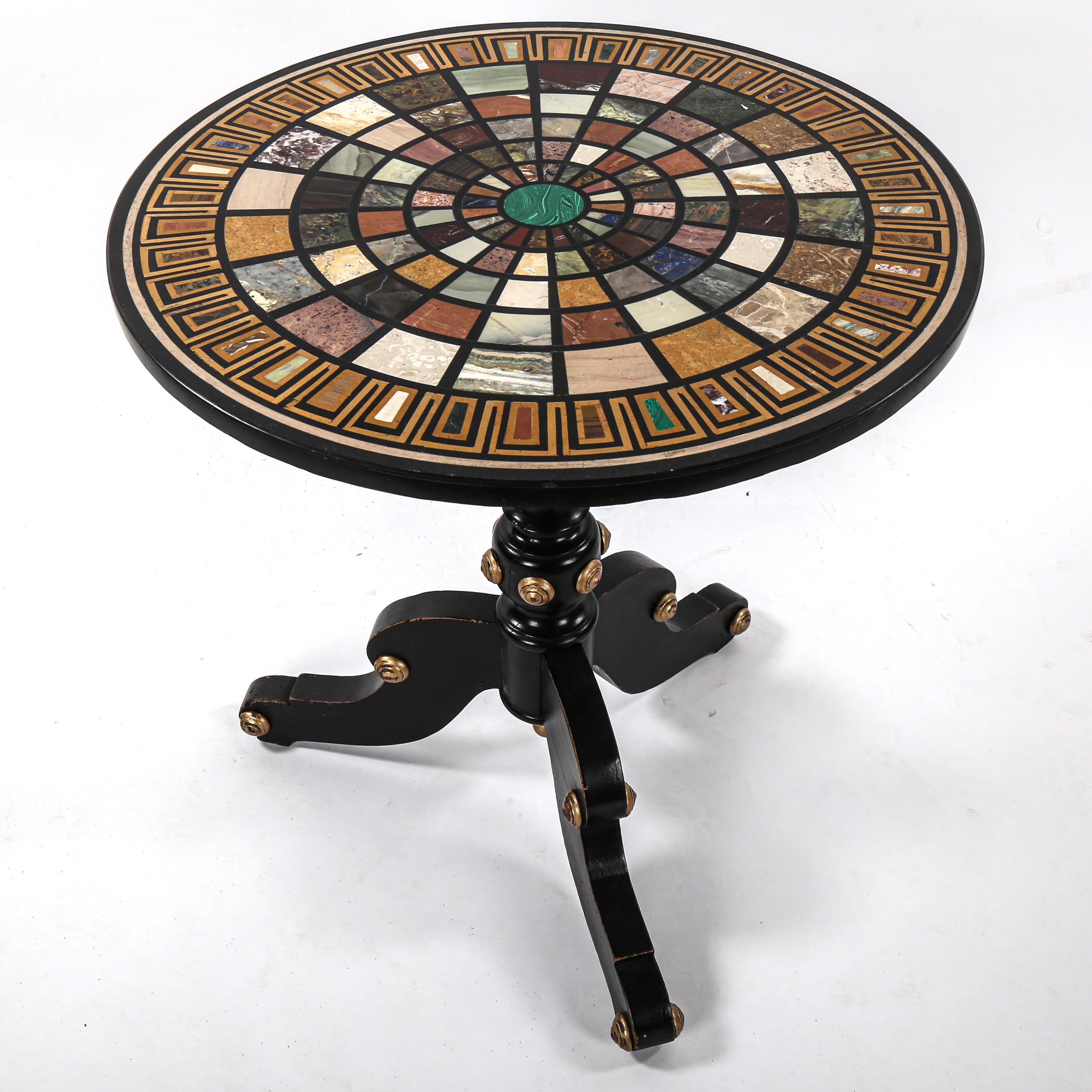An Italian Pietra Dura specimen hardstone-topped circular centre table, on gilded and ebonised