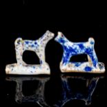 2 19th century tin-glazed pottery whistles, in the form of calves, height 5.5cm