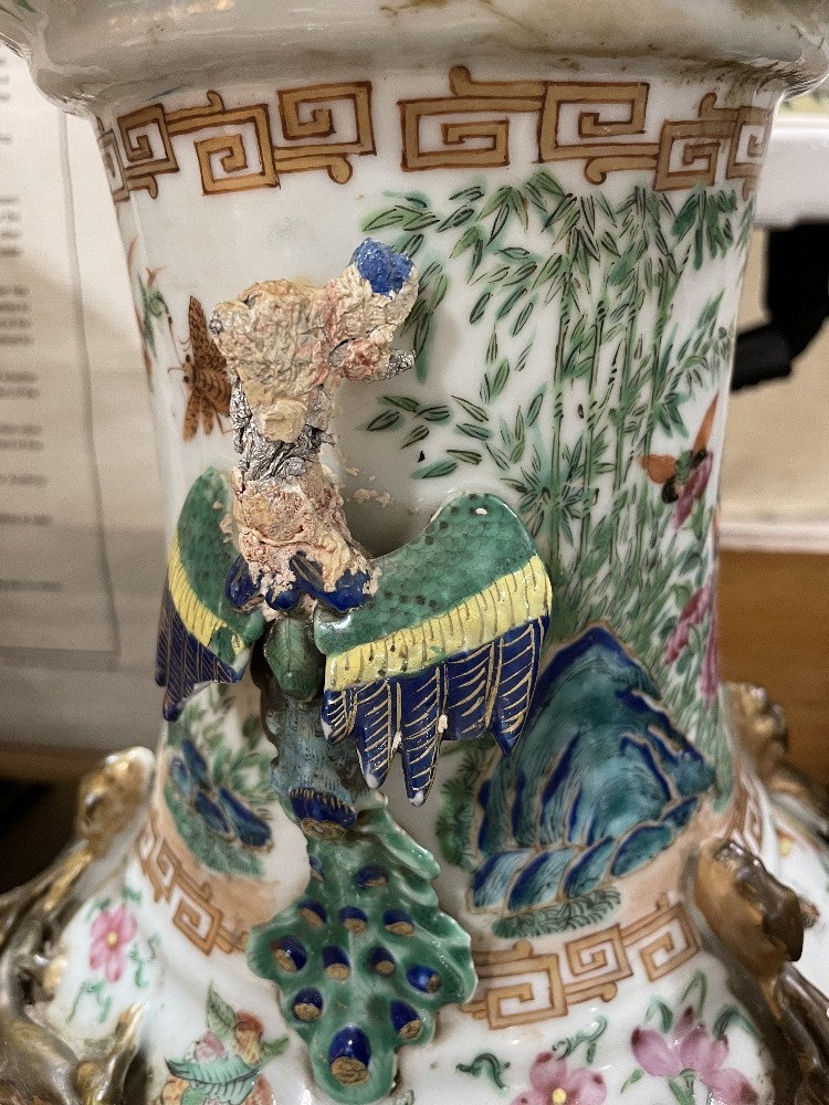 A pair of Chinese 19th century famille rose porcelain vases, with dragon and bird figures to the - Image 6 of 19