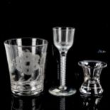 A Masonic firing glass, engraved Clarence Royal, height 7cm, a 19th century tumbler with etched