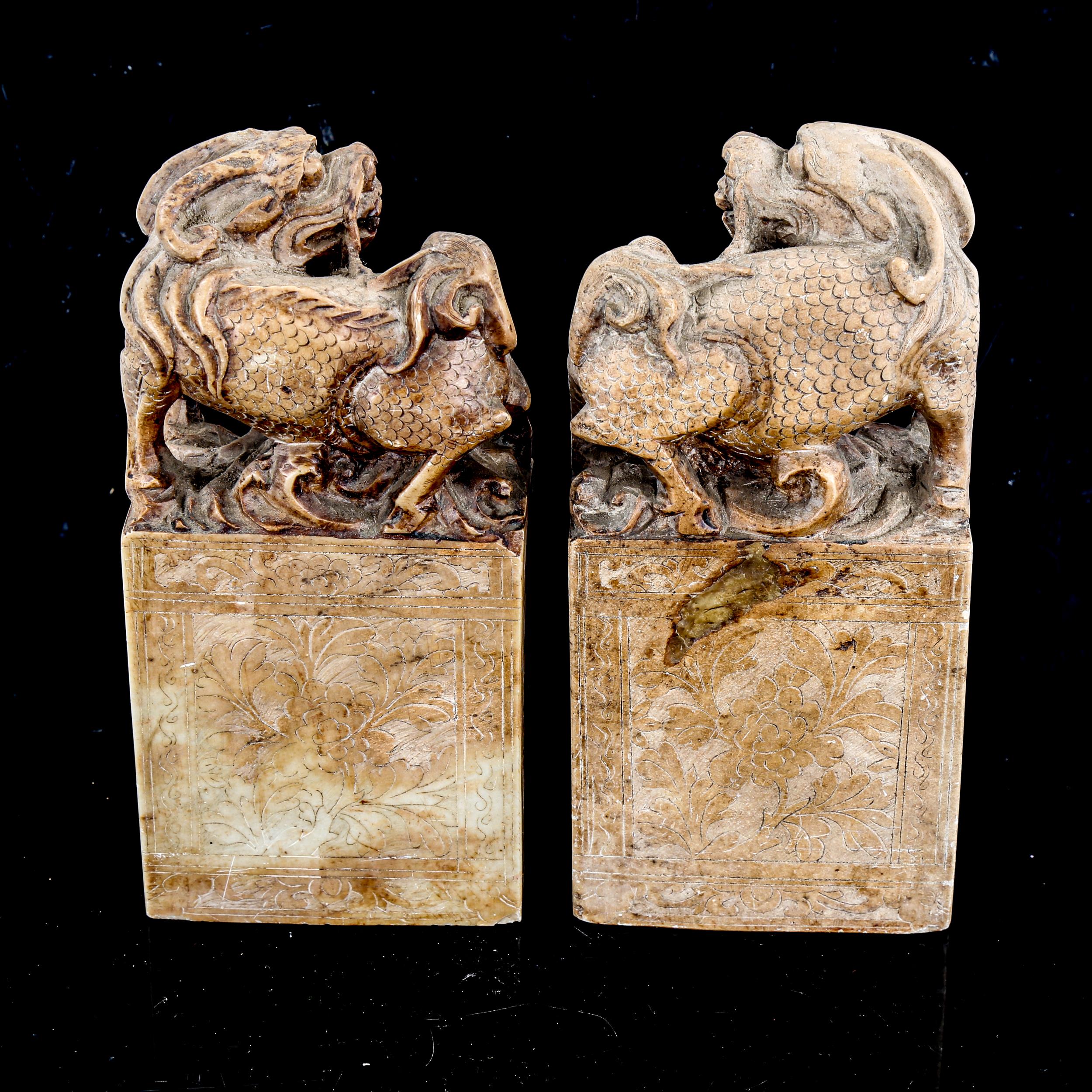 A pair of Chinese soapstone seals, surmounted by Dogs of Fo, height 18cm - Image 2 of 3