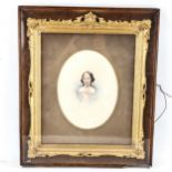 Victorian watercolour portrait of a woman, in ornate gilt-gesso frame and glazed rosewood box