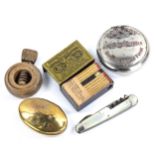 A mixed group of collectable items, including penknife, tobacco tin etc