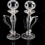 2 similar Antique clear glass lacemaker's lamps, height 24cm