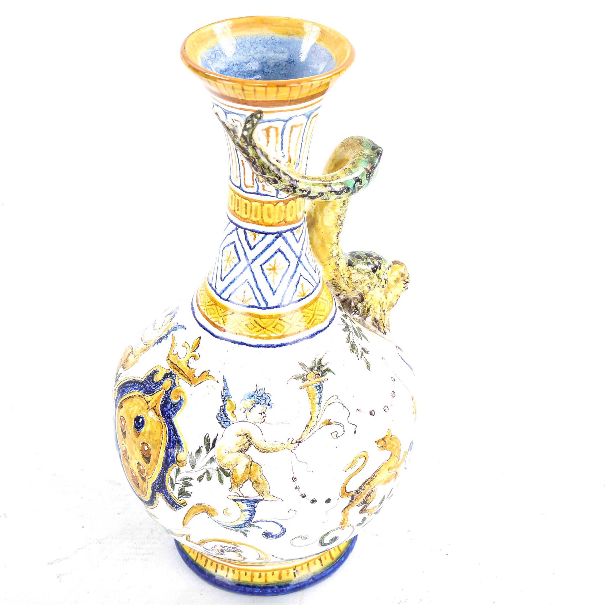 Cantigalli, Italian pottery vase, with gurgle fish handle and painted decoration, height 23cm